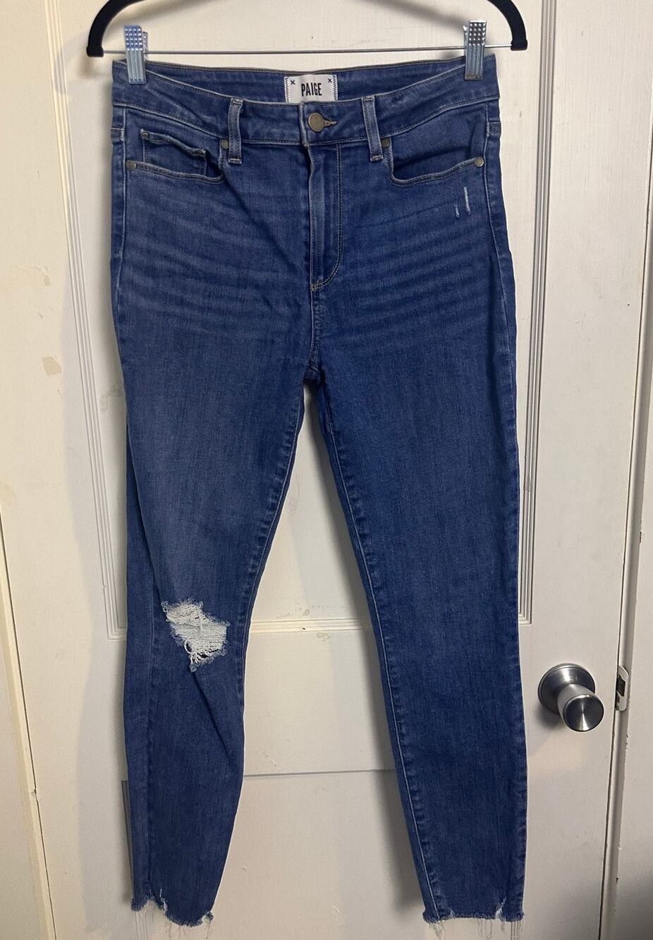PAIGE Hoxton Distressed Raw Hem Slim Fit Ankle Jeans, Size 29
